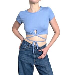 Vintage Crop Top OMT Fashions Blue Ribbed Tie-Front Y2K Women's Small Made USA